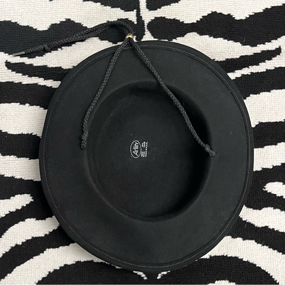 Vintage Arlin 100% Wool Bolero Boater Hat Black Chin Strap Size Medium 22” - Picture 7 of 12